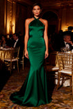 Mermaid Halter Dark Green Evening Dress with Sash