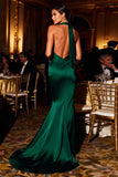 Mermaid Halter Dark Green Evening Dress with Sash
