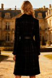 Black Notched Lapel Tweed Long Sleeve Midi Work Dress