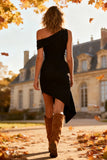Asymmetrical Neck Little Black Dress with Slit