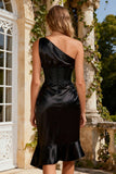 One Shoulder Ruffled Corset Satin Little Black Dress