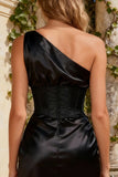 One Shoulder Ruffled Corset Satin Little Black Dress