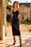 Spaghetti Straps Sheath Satin Midi Black Dress