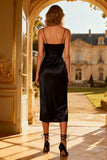 Spaghetti Straps Sheath Satin Midi Black Dress