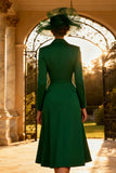 Dark Green A-Line Peak Lapel Midi Work Dress
