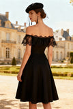 Off the Shoulder A Line Little Black Dress with Lace