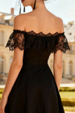 Off the Shoulder A Line Little Black Dress with Lace