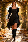 Square Neck A Line Long Sleeve Little Black Dress