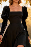 Square Neck A Line Long Sleeve Little Black Dress