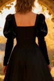 Square Neck A Line Long Sleeve Little Black Dress