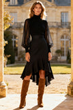 High Neck Ruffled Midi Little Black Dress