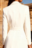 Peaked Lapel White A Line Engagement Dress with Belt