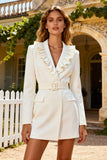 White Long Sleeve Shawl Lapel A Line Engagement Dress with Ruffles