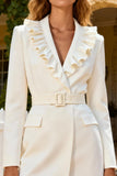 White Long Sleeve Shawl Lapel A Line Engagement Dress with Ruffles