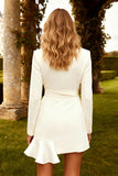 Notched Lapel White Long Sleeve Engagement Dress with Sash
