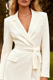 Notched Lapel White Long Sleeve Engagement Dress with Sash
