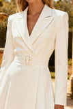 Peaked Lapel White A Line Engagement Dress with Belt