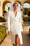 Long Sleeve Peaked Lapel White A Line Engagement Dress