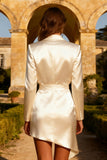 White Long Sleeve Peaked Lapel Bodycon Satin Engagement Dress