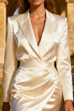 White Long Sleeve Peaked Lapel Bodycon Satin Engagement Dress