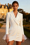 Long Sleeve White Satin Peaked Lapel Short Engagement Dress