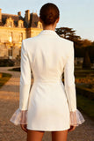 Long Sleeve White Satin Peaked Lapel Short Engagement Dress