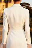 Long Sleeve White Satin Peaked Lapel Short Engagement Dress
