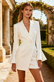 Single Buckle Long Sleeve White Peaked Lapel Engagement Dress