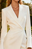 Single Buckle Long Sleeve White Peaked Lapel Engagement Dress