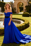 Royal Blue Off the Shoulder A Line Evening Dress with Sash
