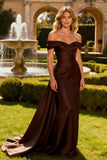 Off the Shoulder Brown Satin Evening Dress