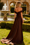 Off the Shoulder Brown Satin Evening Dress