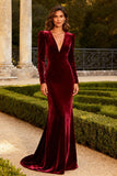 Long Sleeve Burgundy Velvet Mermaid Formal Dress