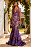 Spaghetti Straps Mermaid Purple Evening Dress with Lace