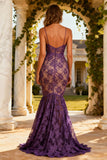 Spaghetti Straps Mermaid Purple Evening Dress with Lace