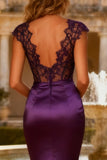 Purple Mermaid Satin Evening Dress with Lace