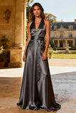 Halter A Line Satin Steel Grey Evening Dress with Sash