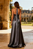 Halter A Line Satin Steel Grey Evening Dress with Sash