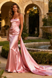 Strapless Satin Pink Evening Dress with Train