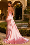 Strapless Satin Pink Evening Dress with Train