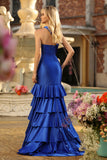 Royal Blue Corset One Shoulder Prom Dress with Ruffles