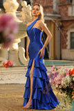 Royal Blue Corset One Shoulder Prom Dress with Ruffles