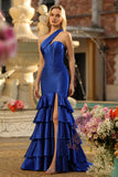 Royal Blue Corset One Shoulder Prom Dress with Ruffles