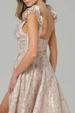 Pink Jacquard Corset A Line Long Prom Dress with Slit