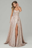 Pink Jacquard Corset A Line Long Prom Dress with Slit