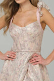 Pink Jacquard Corset A Line Long Prom Dress with Slit