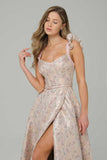 Pink Jacquard Corset A Line Long Prom Dress with Slit