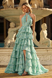 Halter Tiered Cut Out Sage Green Prom Dress