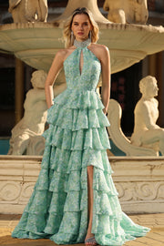 Halter Tiered Cut Out Sage Green Prom Dress