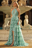Halter Tiered Cut Out Sage Green Prom Dress